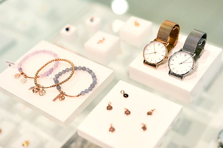 Francesca products – bracelets, earrings and watches.