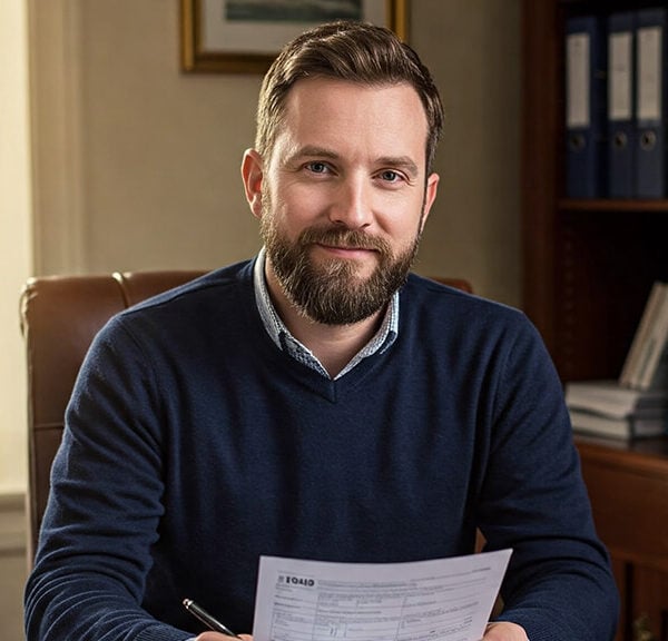 A small business owner smiles confidently at his desk, better organising his business cash flow.