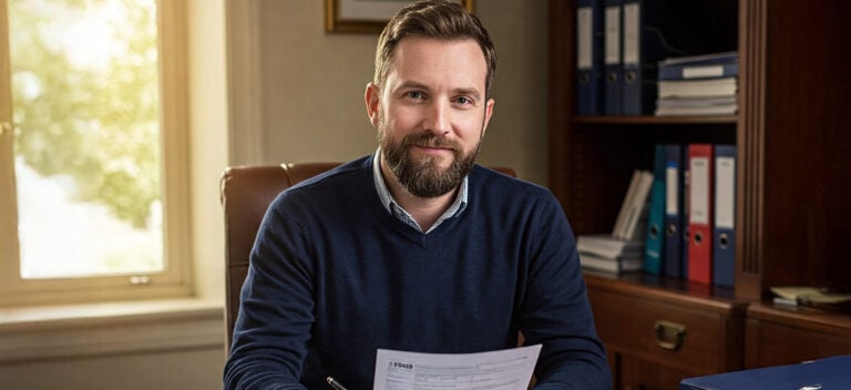 A small business owner smiles confidently at his desk, better organising his business cash flow.