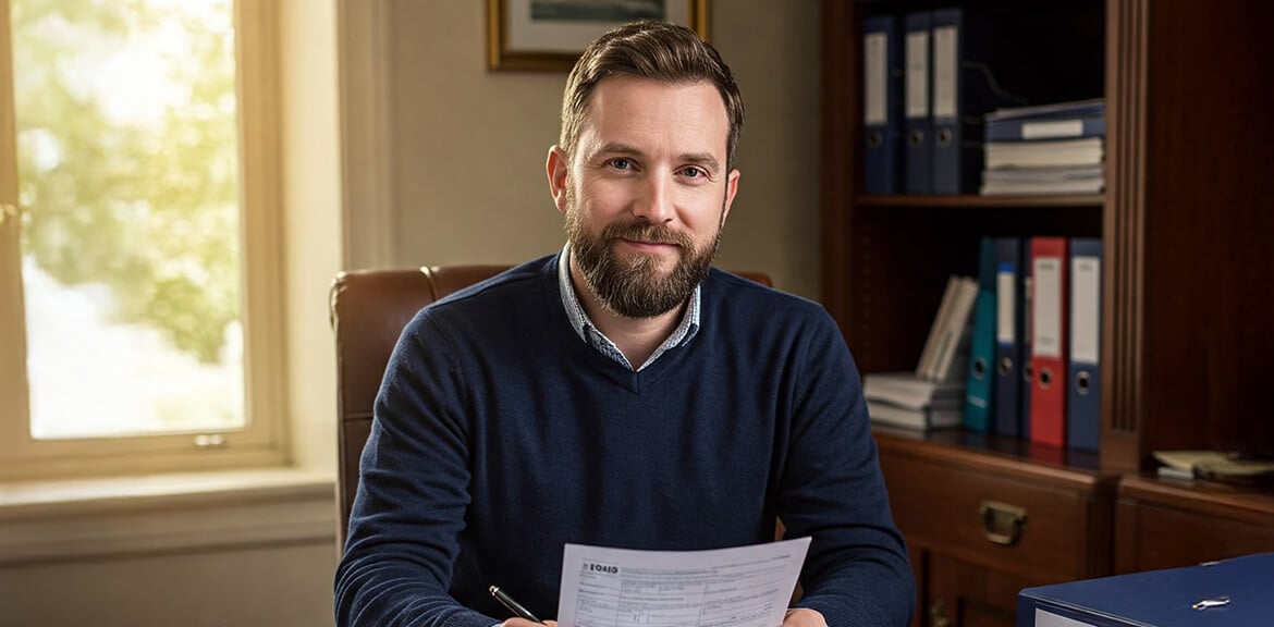 A small business owner smiles confidently at his desk, better organising his business cash flow.