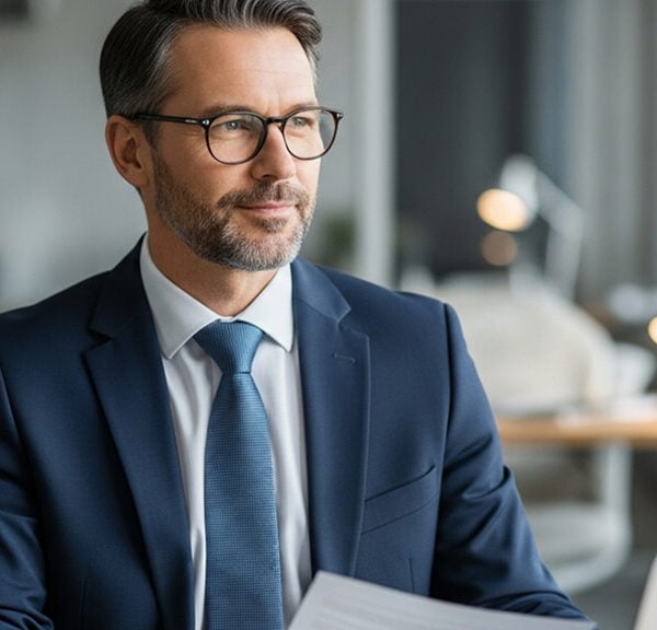 Professional business owner reviewing financial documents on laptop in modern office setting