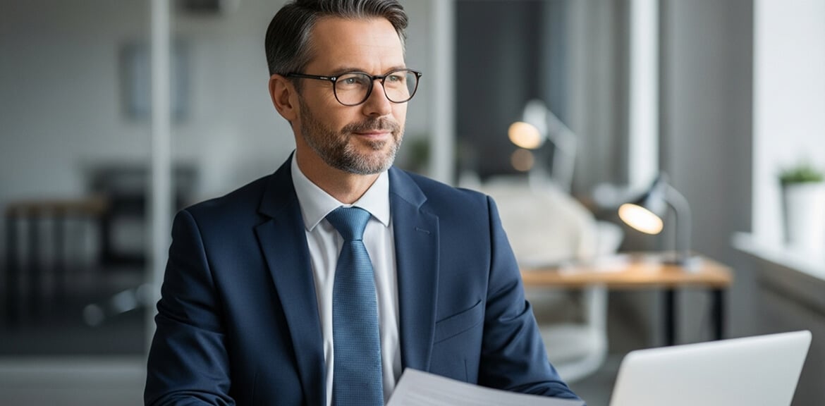 Professional business owner reviewing financial documents on laptop in modern office setting