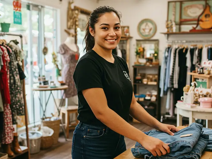 Small retail business owner managing inventory in Sydney boutique clothing store