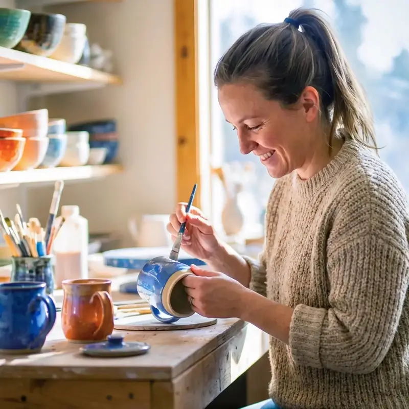 A woman skillfully paints a pottery bowl, highlighting her artistry in a small business dedicated to handmade ceramics