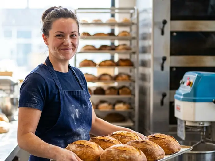A bakery owner proudly holds a tray of freshly baked breads, showcasing her artisanal creations to customers