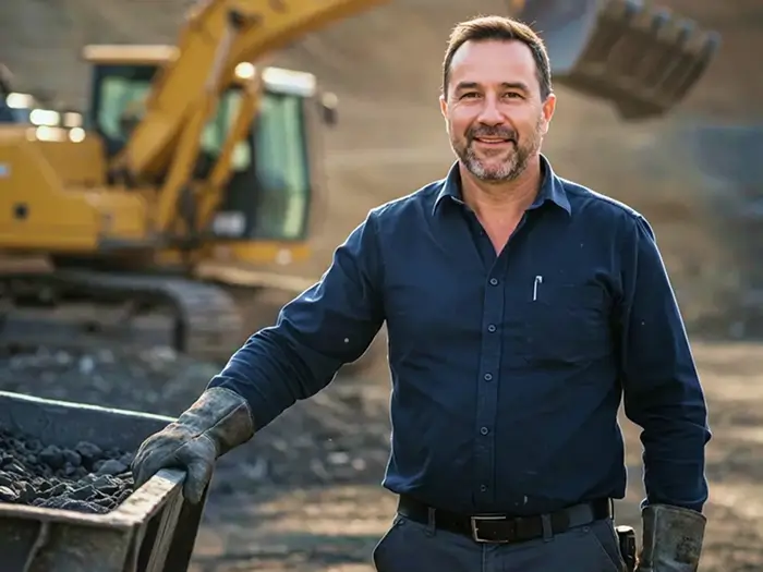 A business owner in the mining industry stands confidently alongside heavy machinery