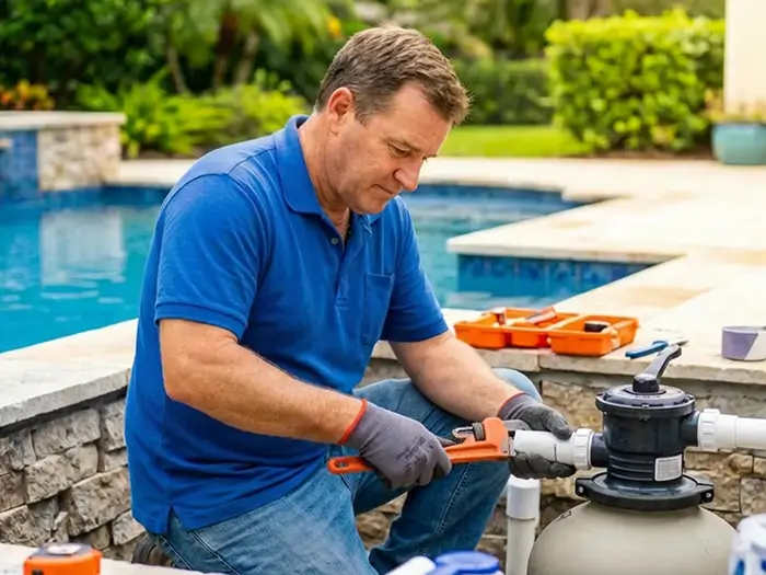A business owner in the pool installation and maintenance sector handles repairs of a filtration system