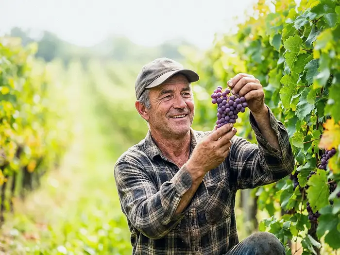 A vineyard owner holds a bunch of grapes, reflecting his pride in his harvest and business