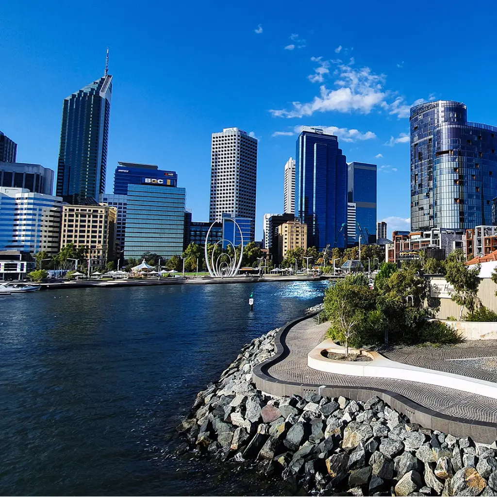 Perth city skyline along the coastline with ocean waves and a waterfront path