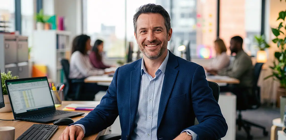 Business owner working at a desk in a modern office managing payroll and superannuation